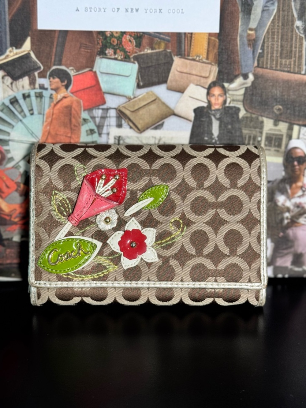 Rare Japan ExclusiveCoach Brown Signature Wallet with Pink & Red Floral Applique